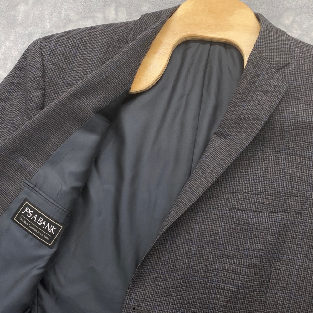 Jos A Bank Mens 52 Long Grey Wool Houndstooth Windowpane Sport Coat Blazer
